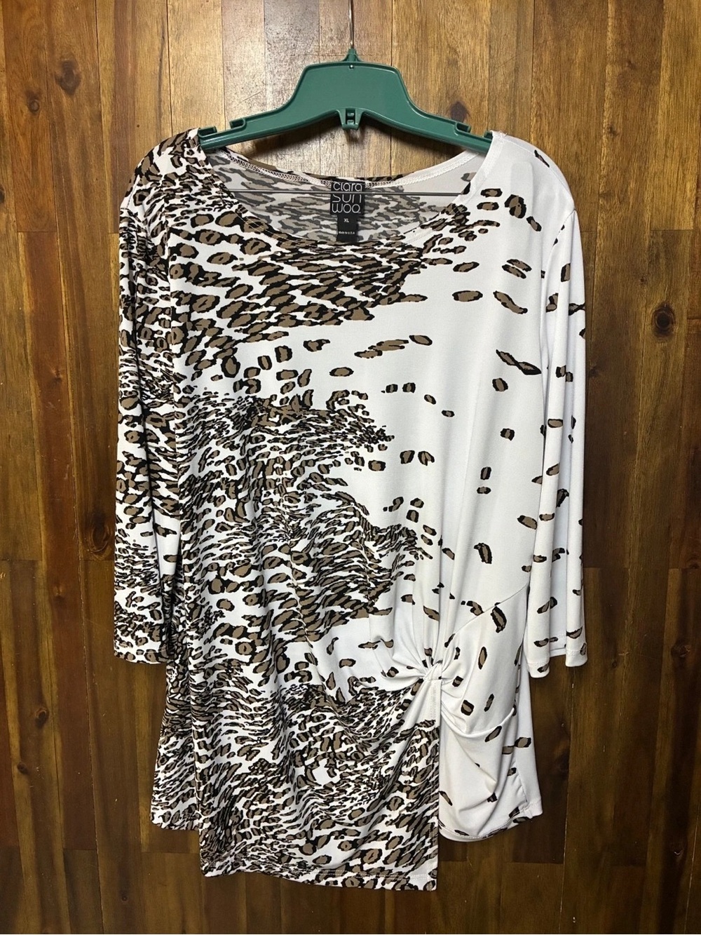CLARA SUNWOO White and Brown Animal Print Side-Knot Dolman Top
